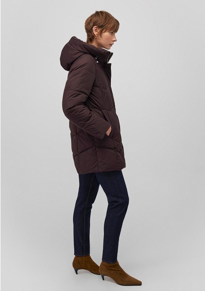 Su İtici Kapüşonlu Kahverengi Şişme Mont 1110439-88083