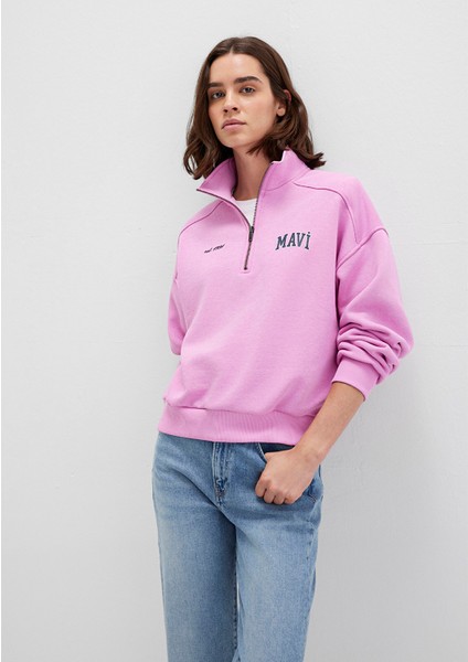 Mavi Logo Baskılı Yarı Fermuarlı Pembe Sweatshirt 1S10373-71067