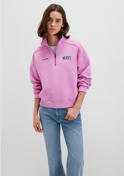 Mavi Logo Baskılı Yarı Fermuarlı Pembe Sweatshirt 1S10373-71067