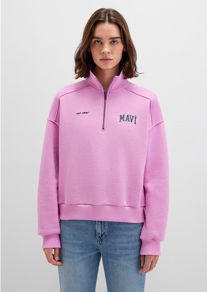 Mavi Logo Baskılı Yarı Fermuarlı Pembe Sweatshirt 1S10373-71067