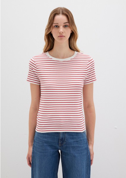 Bisiklet Yaka Çizgili Kırmızı Tişört 1612881-86680