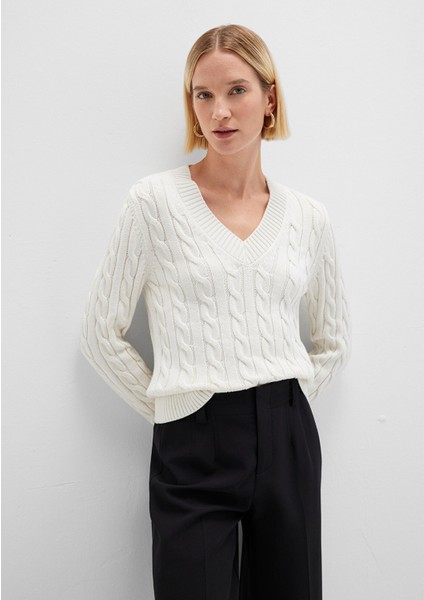 İpek Karışımlı V Yaka Ekru Kazak 1710720-70057