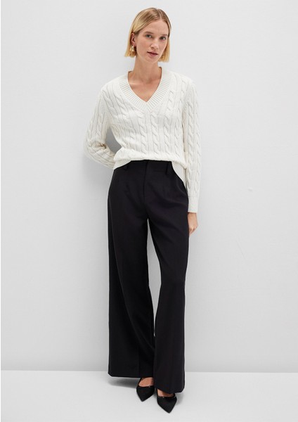 İpek Karışımlı V Yaka Ekru Kazak 1710720-70057