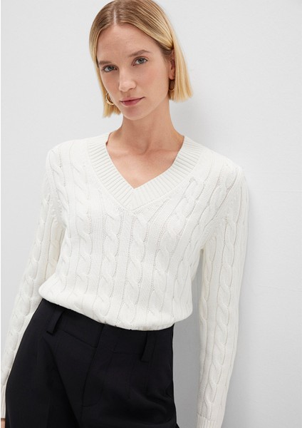 İpek Karışımlı V Yaka Ekru Kazak 1710720-70057