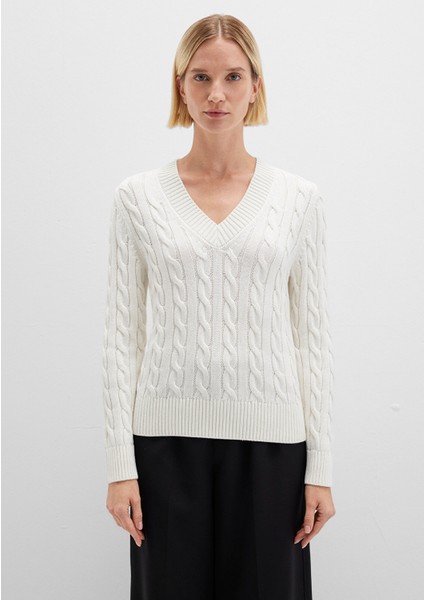 İpek Karışımlı V Yaka Ekru Kazak 1710720-70057