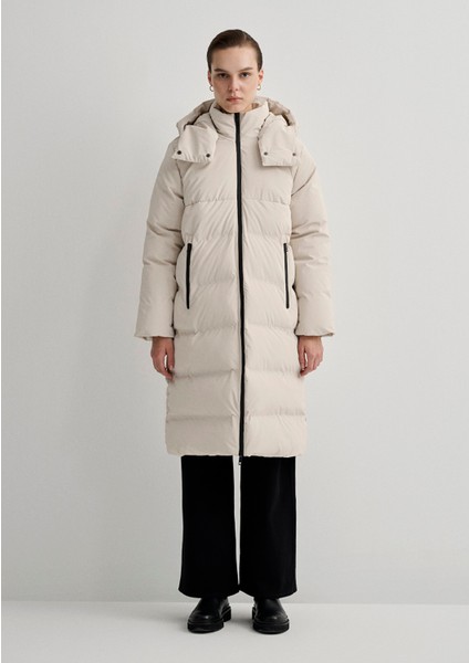 Kapüşonlu Bej Şişme Mont 1110487-70136