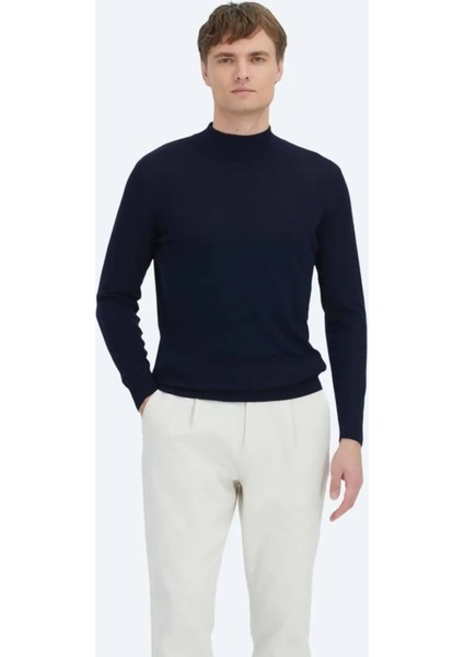 Lacivert Yarım Balıkçı Yaka Düz Örgü %100 Yün Triko Kazak