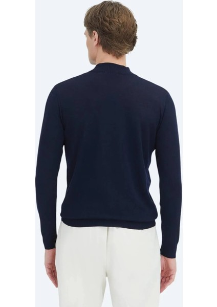 Lacivert Yarım Balıkçı Yaka Düz Örgü %100 Yün Triko Kazak