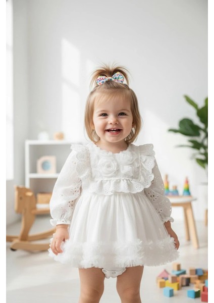Aster Beyaz Uzun Kollu Dantel Detaylı Etekli Kız Çocuk Bebek Özel Gün Bayramlık Elbise