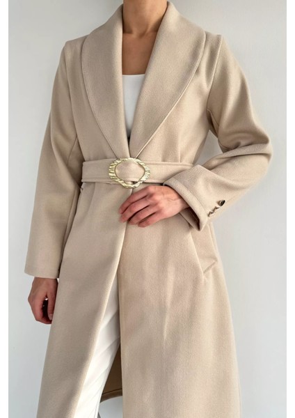 Kadın Bel Kuşaklı Gold Toka Detaylı Kaşe Kaban P-00019459