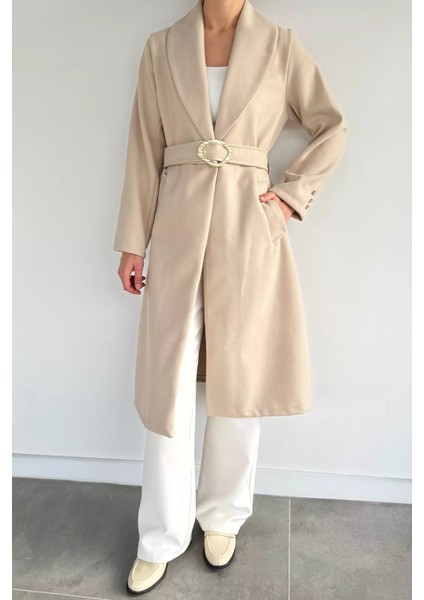 Kadın Bel Kuşaklı Gold Toka Detaylı Kaşe Kaban P-00019459 modelleri