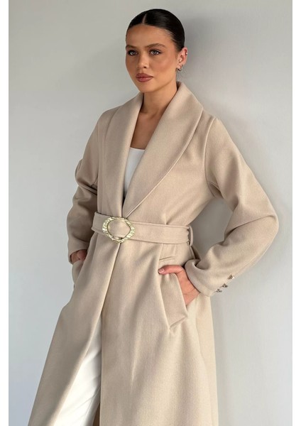 Kadın Bel Kuşaklı Gold Toka Detaylı Kaşe Kaban P-00019459 fırsatları