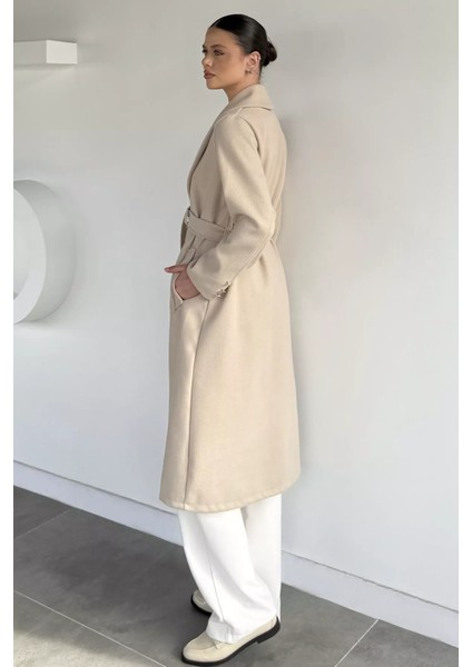 Kadın Bel Kuşaklı Gold Toka Detaylı Kaşe Kaban P-00019459 indirimleri