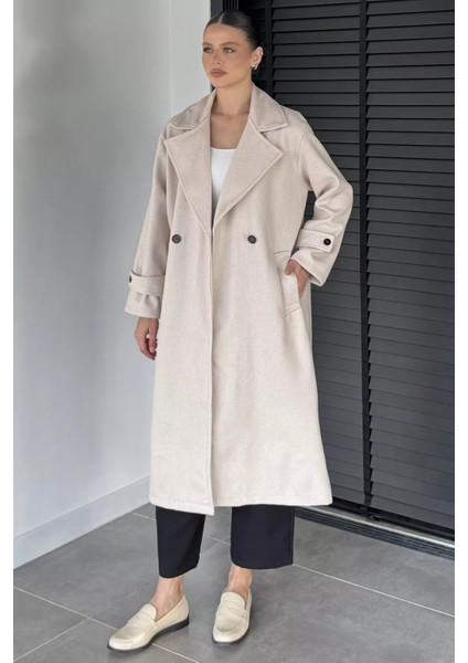 Kadın Kruvaze Yaka Çift Cepli Kaşe Kaban P-00019462