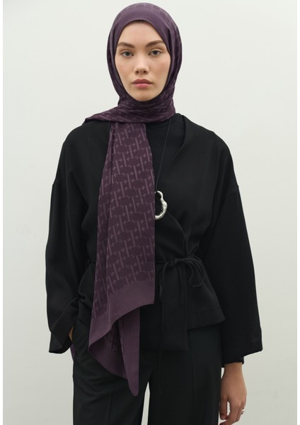 Monogram Pamuk Floş Jakarlı Şal Patlıcan Moru