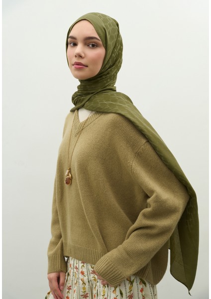 Monogram Pamuk Floş Jakarlı Şal Zeytin Yeşili