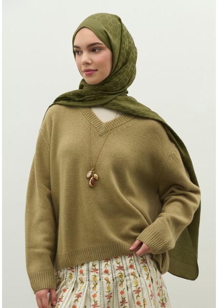 Monogram Pamuk Floş Jakarlı Şal Zeytin Yeşili modelleri