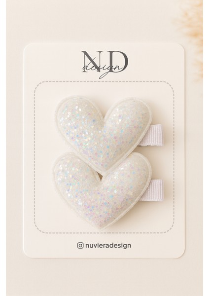 Beyaz Parıltılı Kalp Klips Toka - 2'li Set