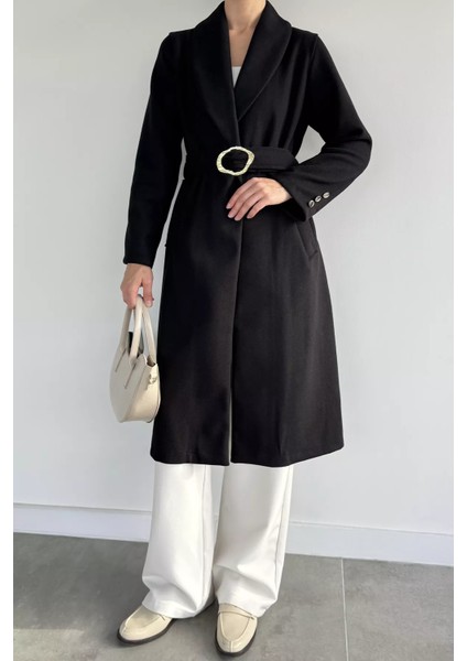 Kadın Bel Kuşaklı Gold Toka Detaylı Kaşe Kaban P-00019459