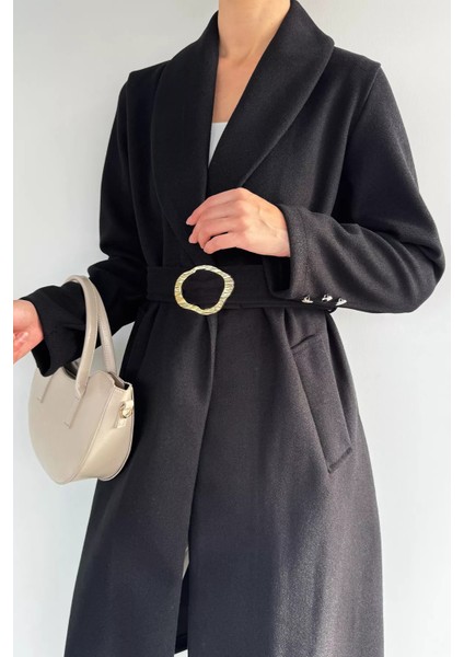 Kadın Bel Kuşaklı Gold Toka Detaylı Kaşe Kaban P-00019459 modelleri