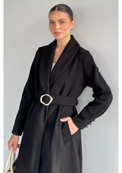 Kadın Bel Kuşaklı Gold Toka Detaylı Kaşe Kaban P-00019459 fırsatları