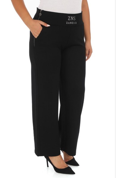 Büyük Beden Toparlayıcı Taşlı Kemer Yüksek Bel Taş Detaylı Geniş Paça Örme Kadın Pantolon