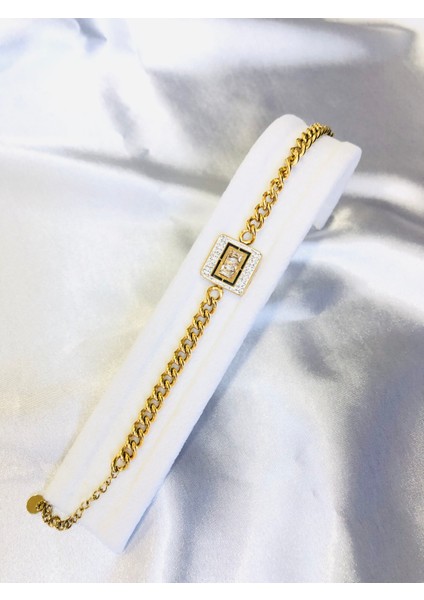 Kare Taşlı Çelik Zincir Bileklik
