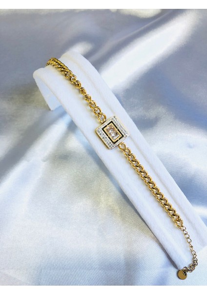 Kare Taşlı Çelik Zincir Bileklik modelleri