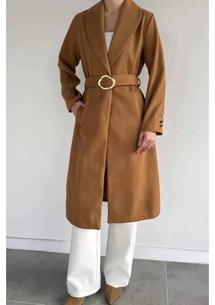 Kadın Bel Kuşaklı Gold Toka Detaylı Kaşe Kaban P-00019459