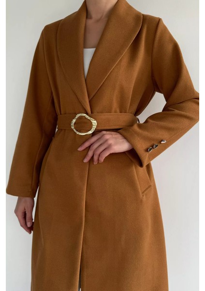 Kadın Bel Kuşaklı Gold Toka Detaylı Kaşe Kaban P-00019459 modelleri