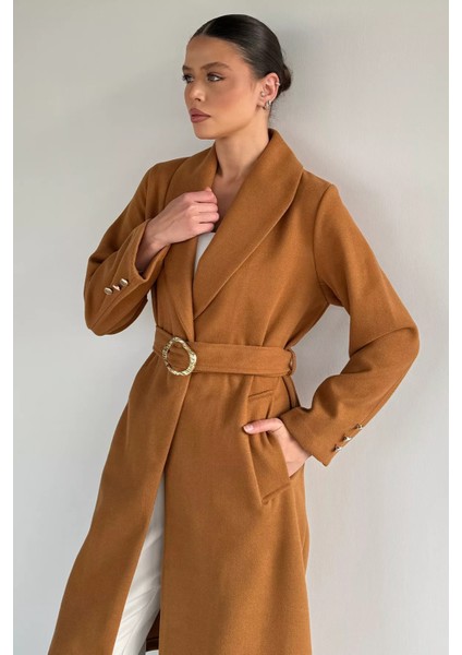 Kadın Bel Kuşaklı Gold Toka Detaylı Kaşe Kaban P-00019459 fırsatları