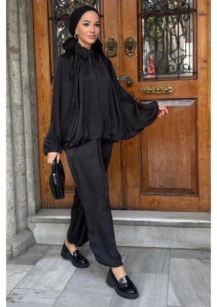 Gülseli Tesettür Yarasa Kol Saten Ceket Bel Lastikli Pantolon Ikili Takım P-00019480