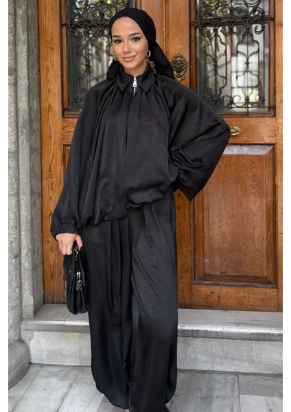 Gülseli Tesettür Yarasa Kol Saten Ceket Bel Lastikli Pantolon Ikili Takım P-00019480 fırsatları