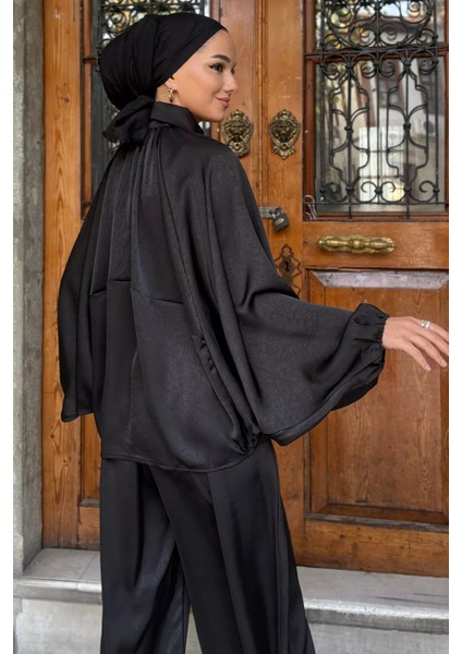 Gülseli Tesettür Yarasa Kol Saten Ceket Bel Lastikli Pantolon Ikili Takım P-00019480 indirimleri