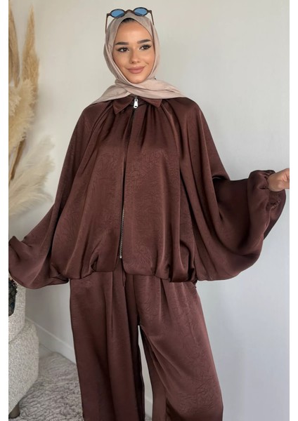 Gülseli Tesettür Yarasa Kol Saten Ceket Bel Lastikli Pantolon Ikili Takım P-00019480 fırsatları
