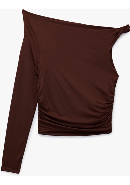 Uzun Kollu Slim Fit Tek Omuz Drapeli Asimetrik Yaka Tişört