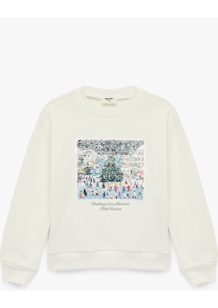 Uzun Kollu Bisiklet Yaka Pullu Payetli Yılbaşı Temalı Sweatshirt