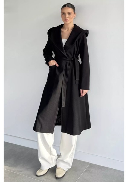 Kadın Bel Kuşaklı Iç Astarlı Kapüşonlu Kaban P-00019493