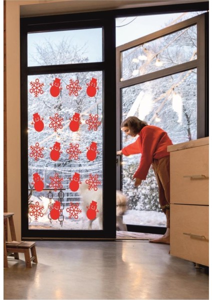 Yeniyıl Noel Temalı Vitrin Cam Sticker Kardan Adam ve Kar Tanesi 69 Adet Kırmızı fiyatları