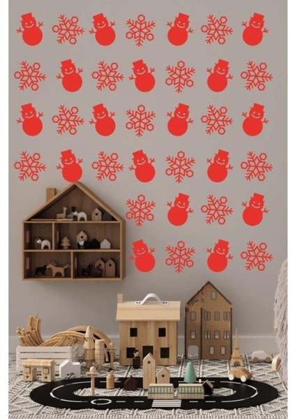 Yeniyıl Noel Temalı Vitrin Cam Sticker Kardan Adam ve Kar Tanesi 69 Adet Kırmızı modelleri