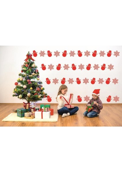 Yeniyıl Noel Temalı Vitrin Cam Sticker Kardan Adam ve Kar Tanesi 69 Adet Kırmızı fırsatları