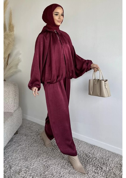 Gülseli Tesettür Yarasa Kol Saten Ceket Bel Lastikli Pantolon Ikili Takım P-00019480