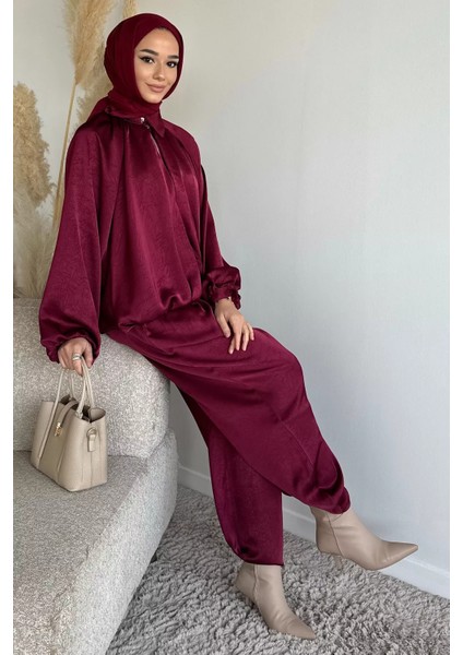 Gülseli Tesettür Yarasa Kol Saten Ceket Bel Lastikli Pantolon Ikili Takım P-00019480 modelleri