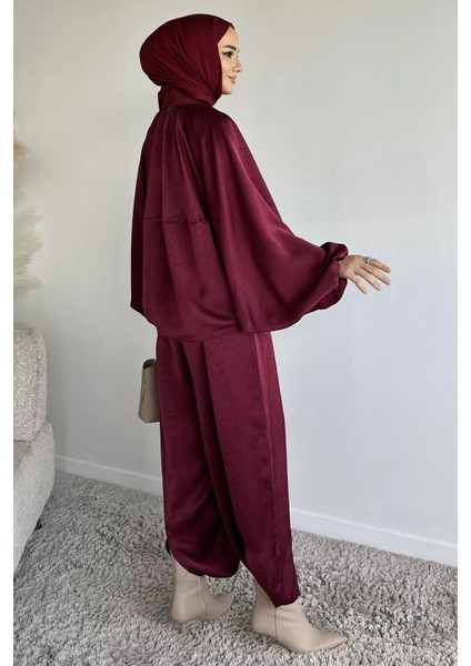 Gülseli Tesettür Yarasa Kol Saten Ceket Bel Lastikli Pantolon Ikili Takım P-00019480 fırsatları