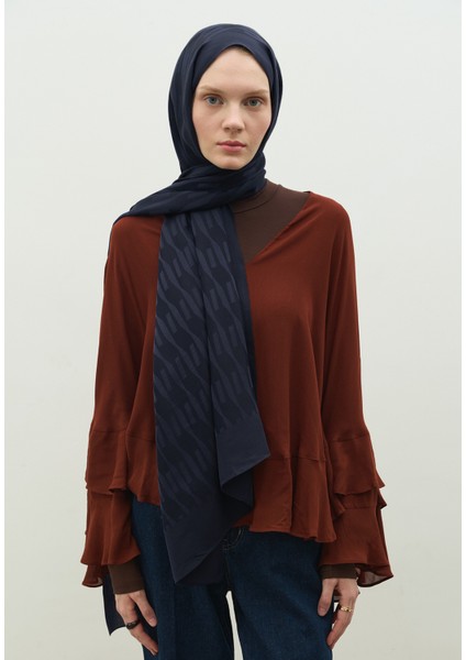 Nara Pamuk Floş Jakarlı Şal Koyu Lacıvert