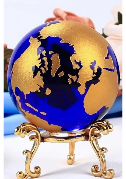 Dekoratif Metal Ayaklı Mavi Dünya 3D Cam Küre