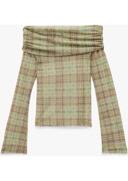 Uzun Kollu Slim Fit Omzu Açık Ekose Tişört