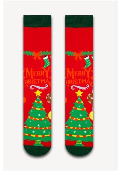 Kırmızı Yılbaşı Ağacı Renkli Havlu Çorap