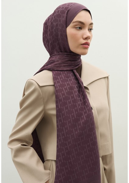 Monogram Pamuk Floş Jakarlı Şal Mürdüm