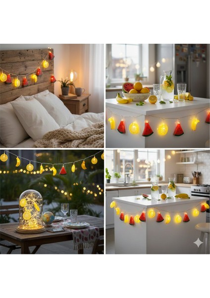 2 Metre 10 LED Karışık Meyve Şekilli Dekoratif Süsleme Işıkları – Pilli, Yaz Temalı, Tropikal Meyve Desenli Süsleme (Oda/parti/balkon)